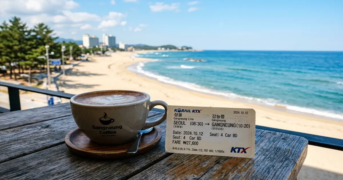오션뷰 테라스 테이블 위에 놓인 커피 한 잔과 KTX 승차권