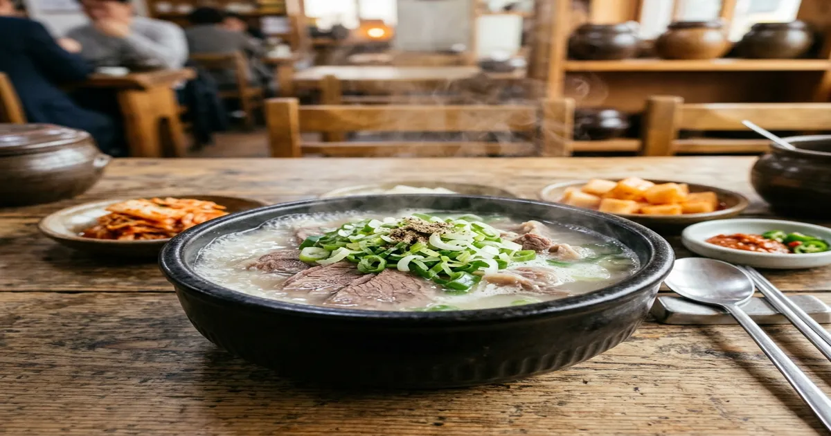 따뜻한 뚝배기에 담긴 진한 국물의 국밥과 정갈한 깍두기, 김치가 놓인 로컬 식당 테이블 풍경