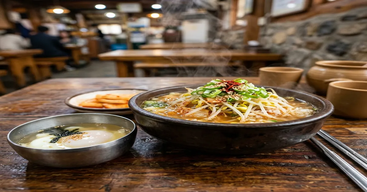 전주 로컬 식당 나무 테이블 위에 놓인 김이 모락모락 나는 뚝배기 콩나물국밥과 스텐 그릇에 담긴 반숙 수란