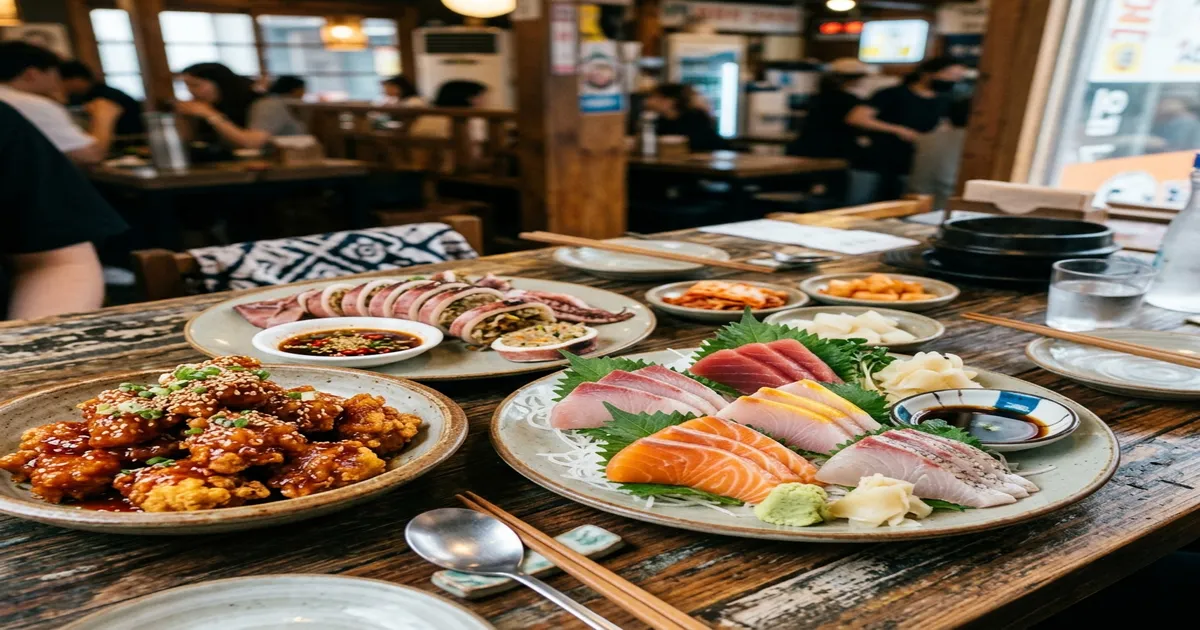 바닷가 식당 나무 테이블 위에 먹음직스러운 생선회, 매콤달콤한 닭강정, 그리고 오징어순대가 가득 차려진 풍경