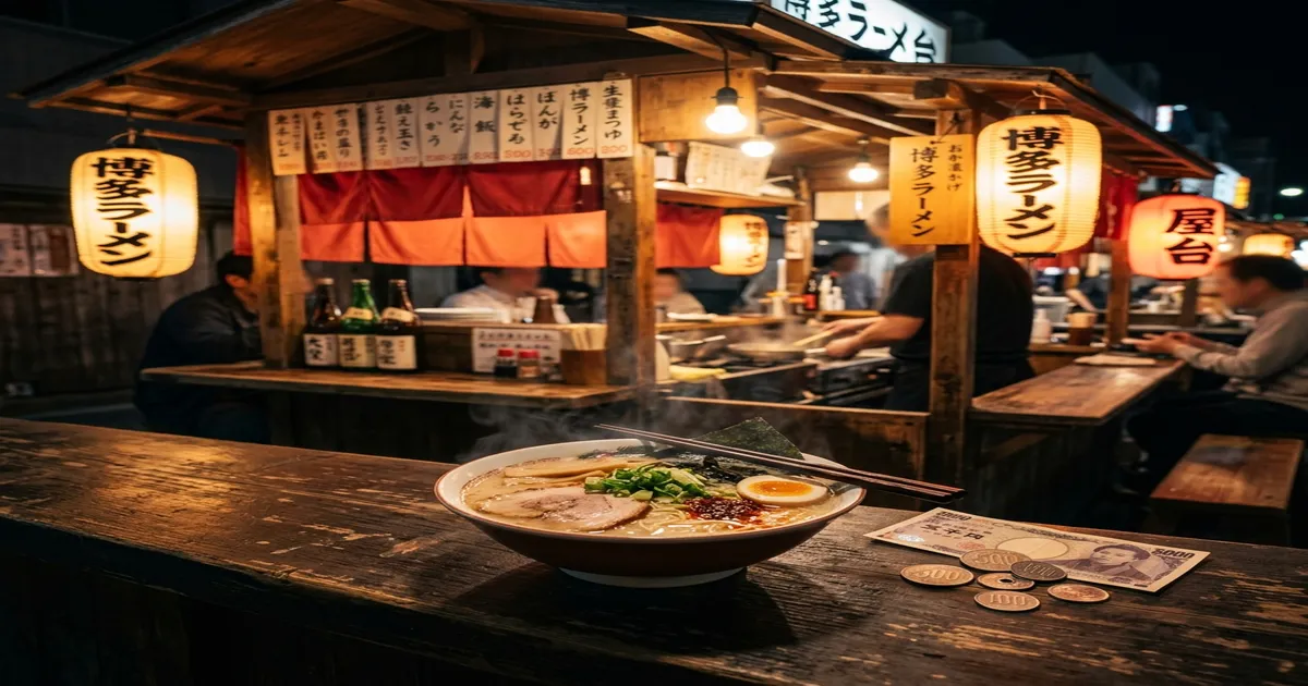 일본 후쿠오카의 저녁, 은은한 조명이 켜진 나카스 포장마차 거리에 라멘과 일본 엔화 동전이 놓인 모습