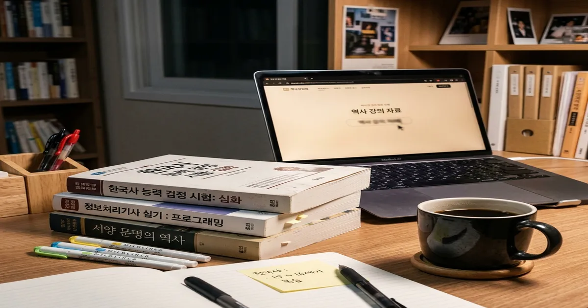 한국사, 컴퓨터 관련 수험서가 놓인 깔끔한 한국 직장인의 공부 책상 풍경