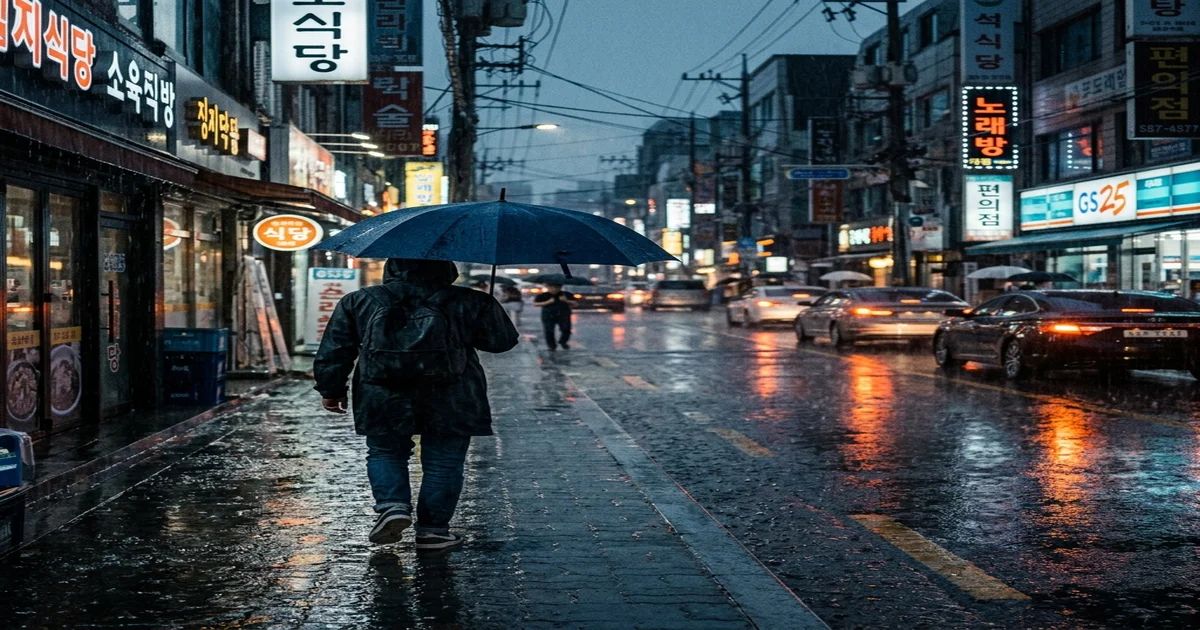 장대비가 쏟아지는 도심 거리에서 우산을 쓴 행인 이미지