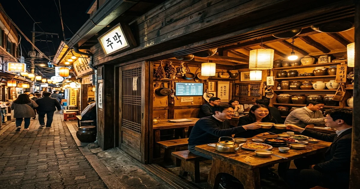 서울 골목의 전통 막걸리 주점 분위기 이미지