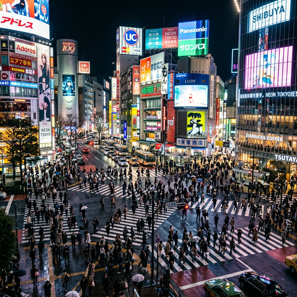 화려하고 번화한 일본 도심의 밤거리와 형형색색의 상점 네온사인 전경