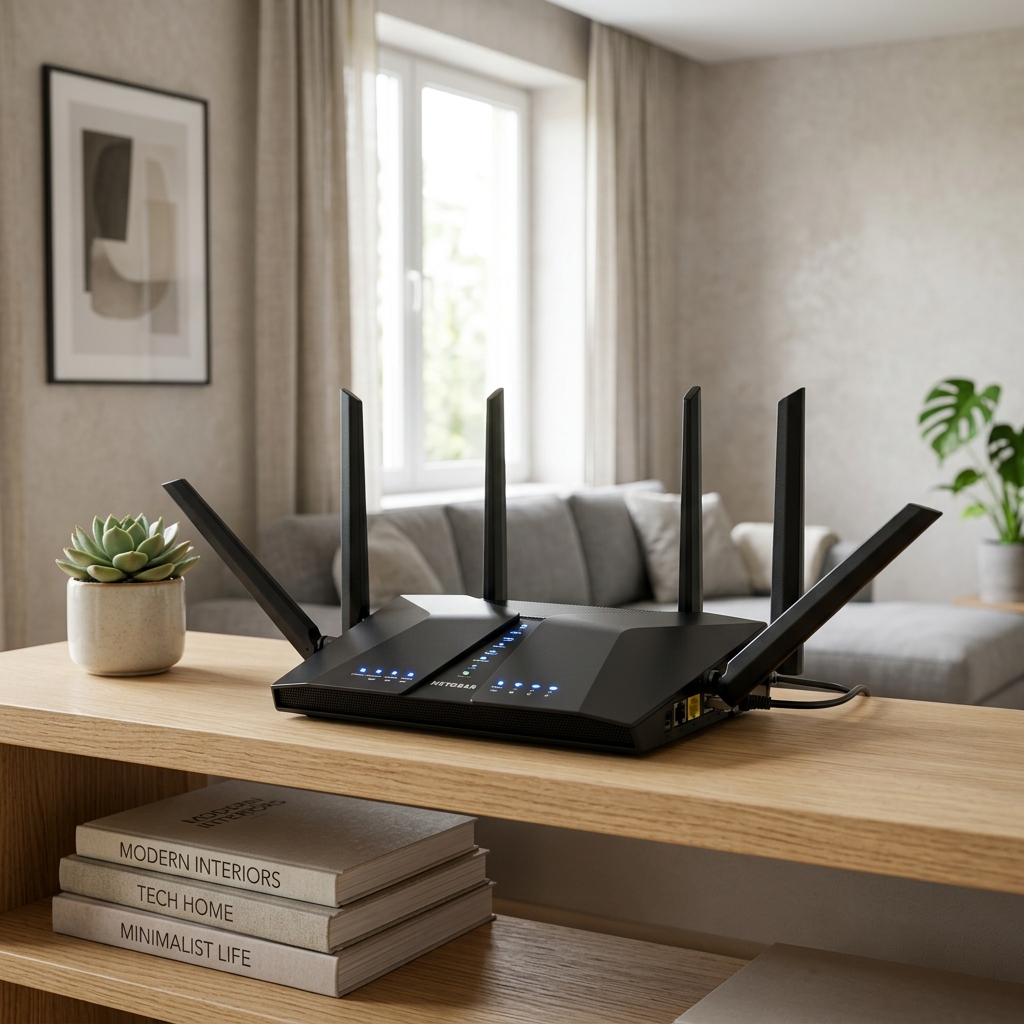 가정집 거실에 안테나를 올바르게 펼치고 켜져 있는 고성능 Wi-Fi 공유기 대표 이미지